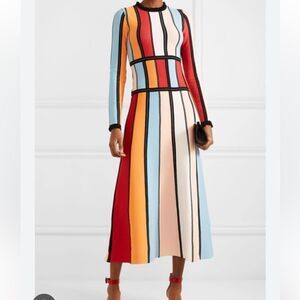 Roksanda Cutout Multi Color Block Stretch Knit Midi Dress Vertical Striped M